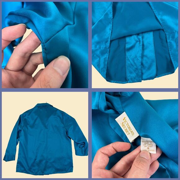 1990s S Victorias Secret Gold teal/blue top, vintage satin blue long sleeve top - Picture 3 of 9